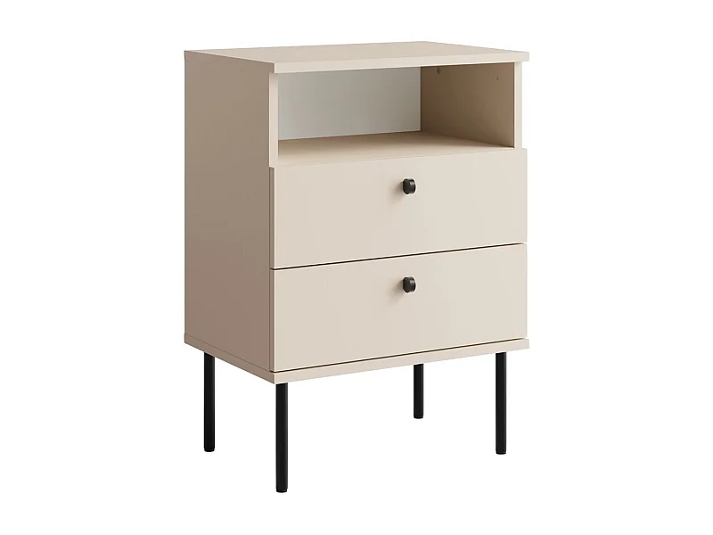 Mesa de Cabeceira com 2 Gavetas e Nicho – Cor bege – Pés retos e puxadores pretos – Coleção Aurora