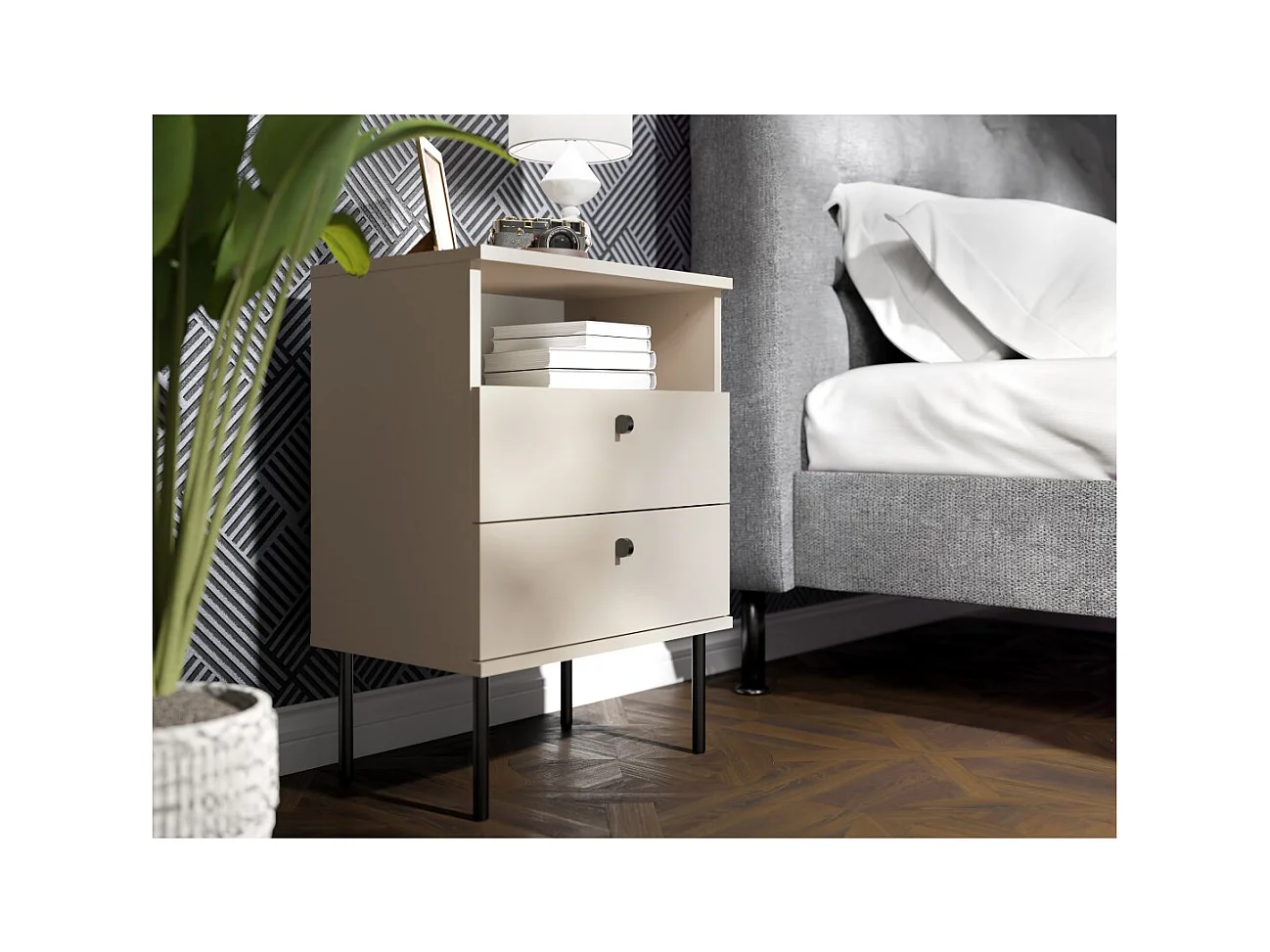 Mesa de Cabeceira com 2 Gavetas e Nicho – Cor bege – Pés retos e puxadores pretos – Coleção Aurora