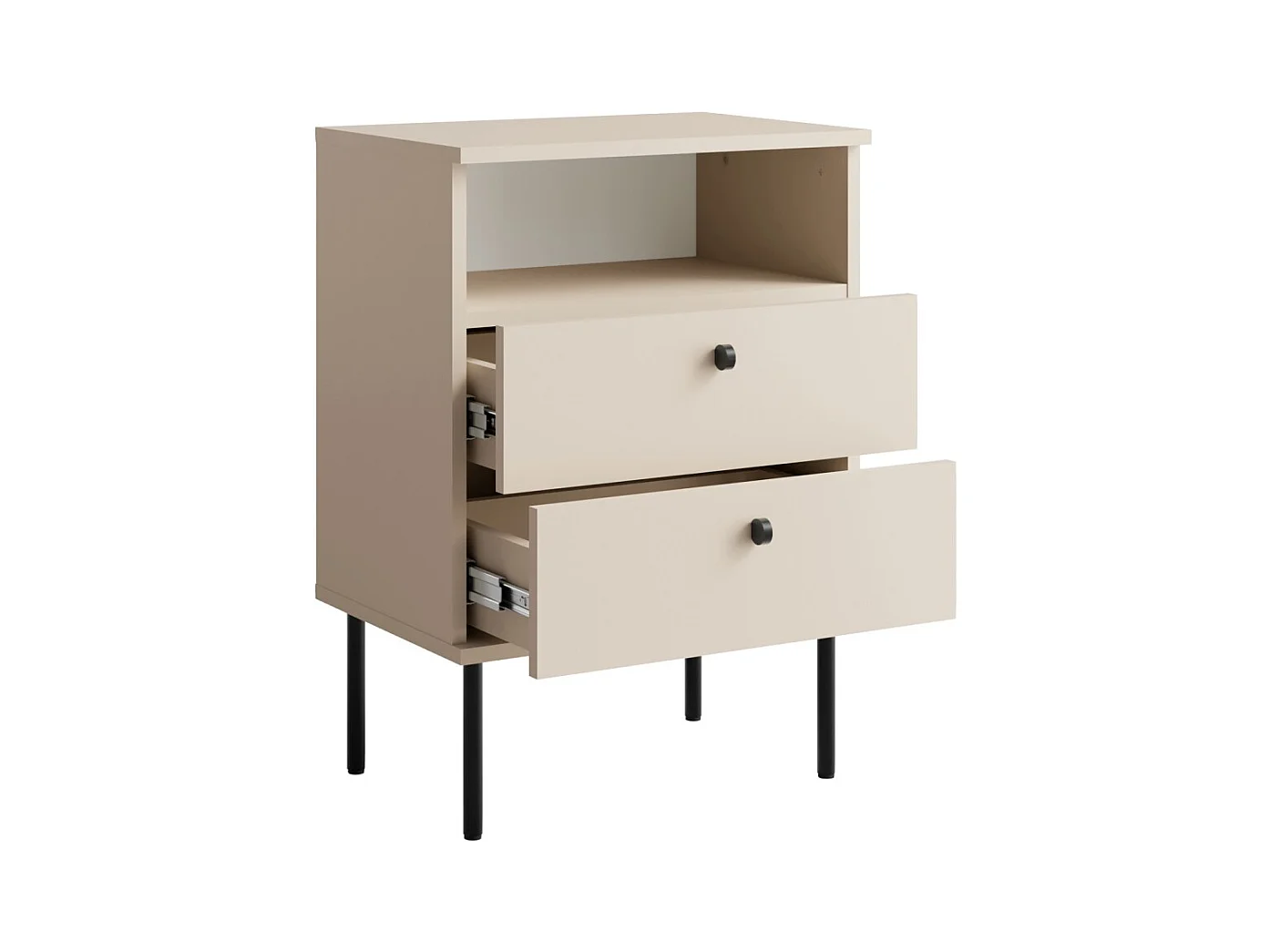 Mesa de Cabeceira com 2 Gavetas e Nicho – Cor bege – Pés retos e puxadores pretos – Coleção Aurora