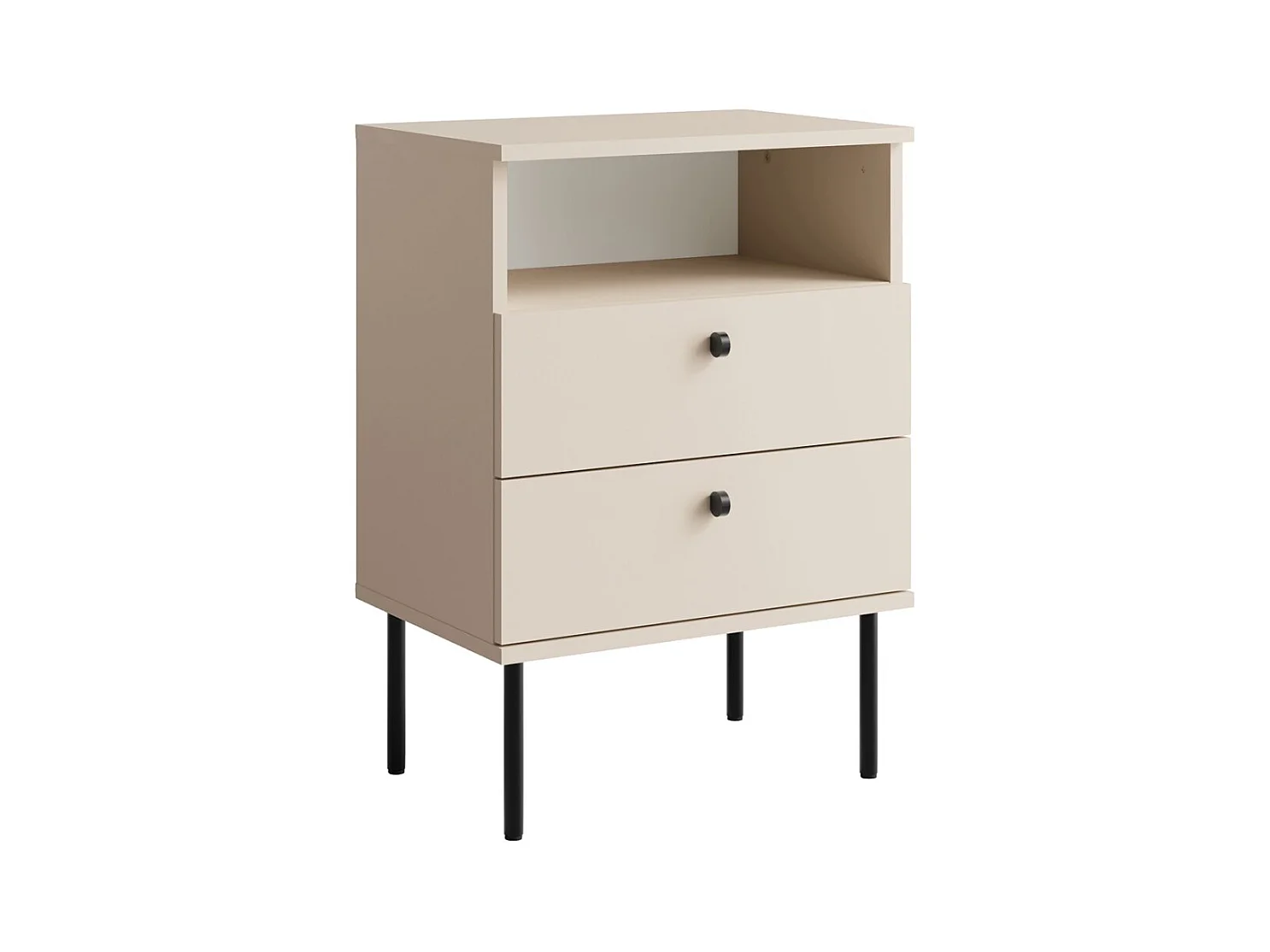 Table de Chevet 2 Tiroirs avec Niche – Coloris beige – Pieds droits et poignées noires – Collection Aurora