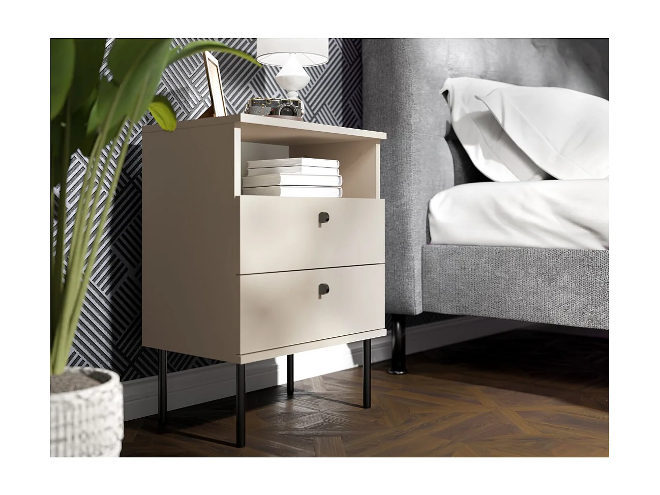 Mesa de Cabeceira com 2 Gavetas e Nicho – Cor bege – Pés retos e puxadores pretos – Coleção Aurora