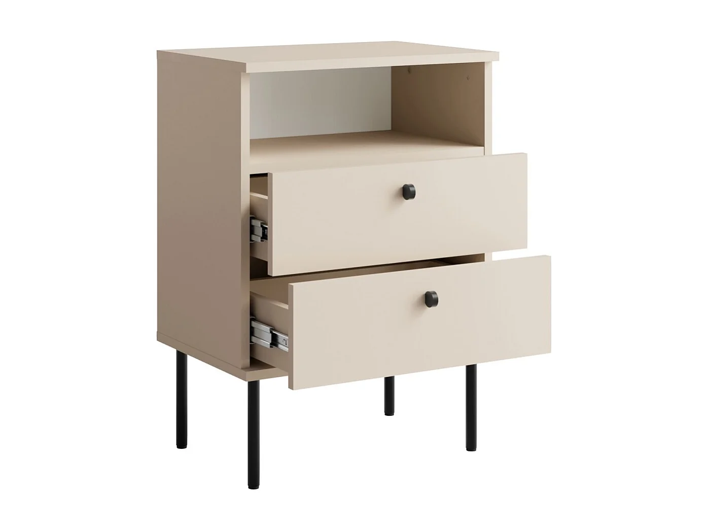 Mesa de Cabeceira com 2 Gavetas e Nicho – Cor bege – Pés retos e puxadores pretos – Coleção Aurora