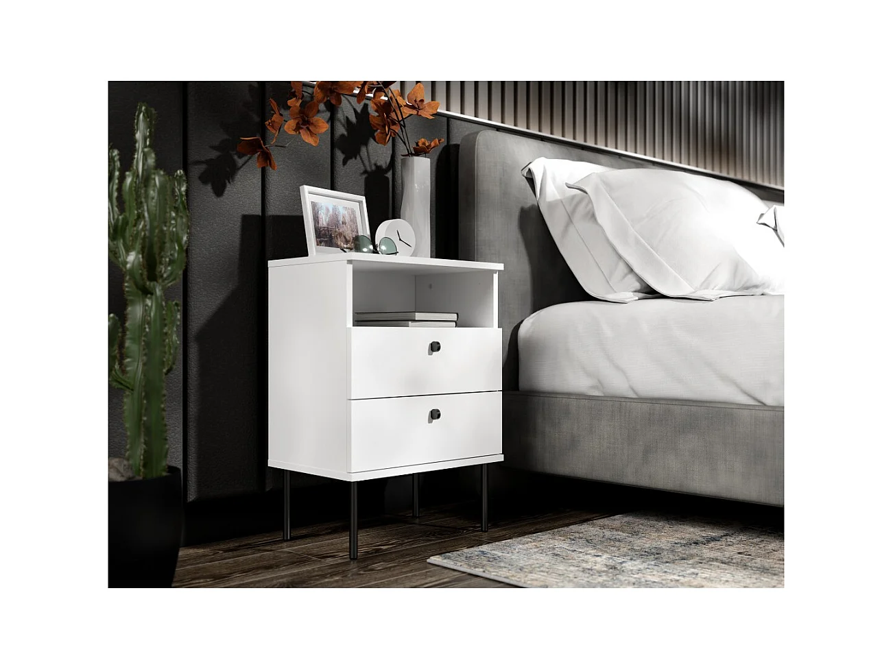 Mesa de Cabeceira 2 Gavetas com Nicho – Cor branca – Pés retos pretos – Coleção Aurora