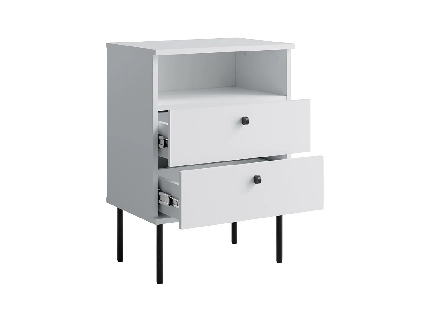 Mesa de Cabeceira 2 Gavetas com Nicho – Cor branca – Pés retos pretos – Coleção Aurora