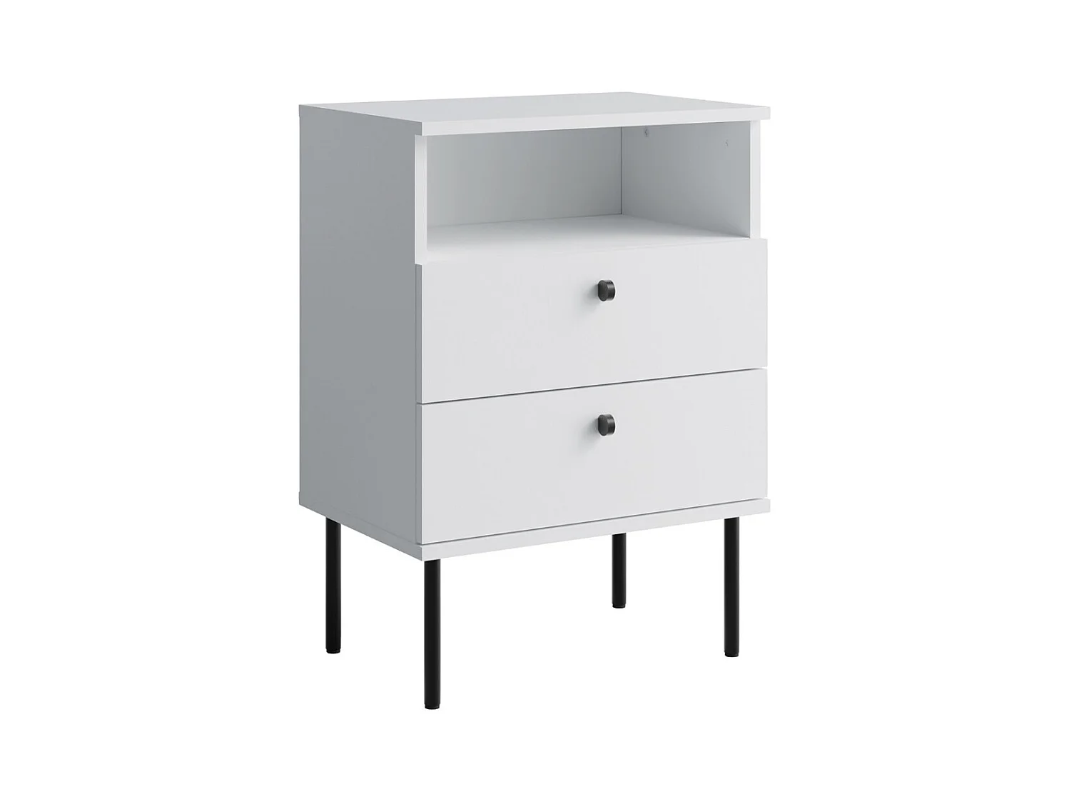 Table de Chevet 2 Tiroirs avec Niche – Coloris blanc – Pieds droits noirs – Collection Aurora