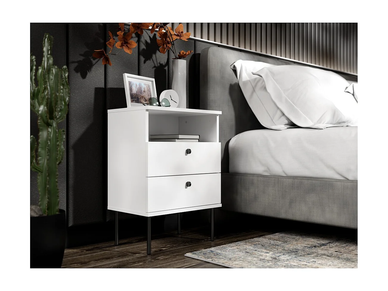 Table de Chevet 2 Tiroirs avec Niche – Coloris blanc – Pieds droits noirs – Collection Aurora