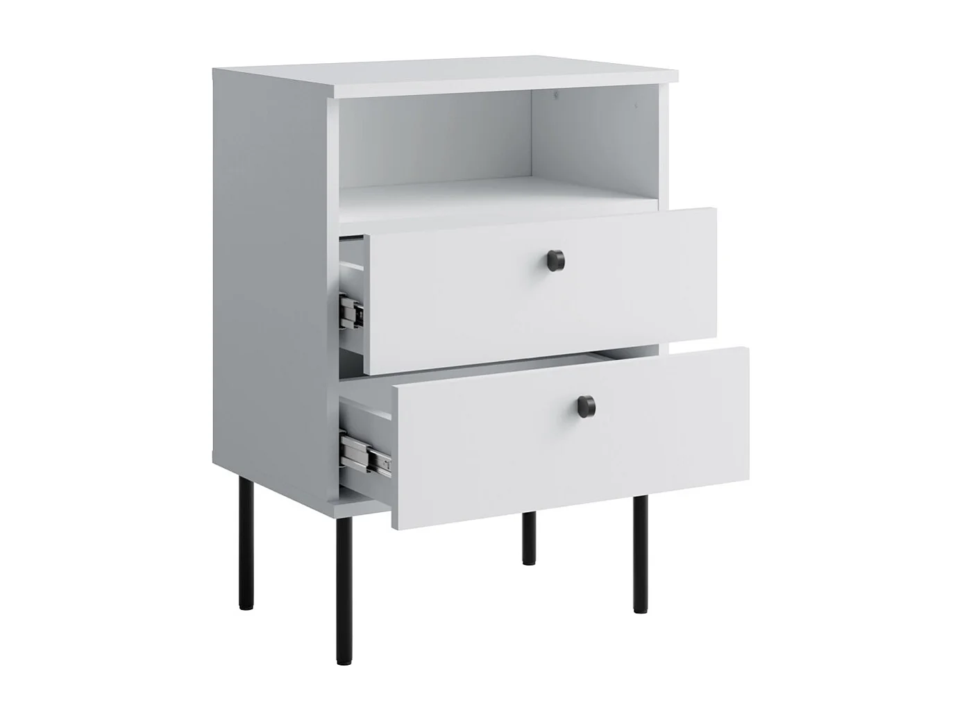 Table de Chevet 2 Tiroirs avec Niche – Coloris blanc – Pieds droits noirs – Collection Aurora
