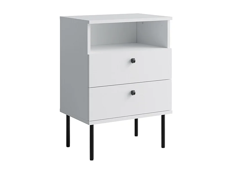 Table de Chevet 2 Tiroirs avec Niche – Coloris blanc – Pieds droits noirs – Collection Aurora