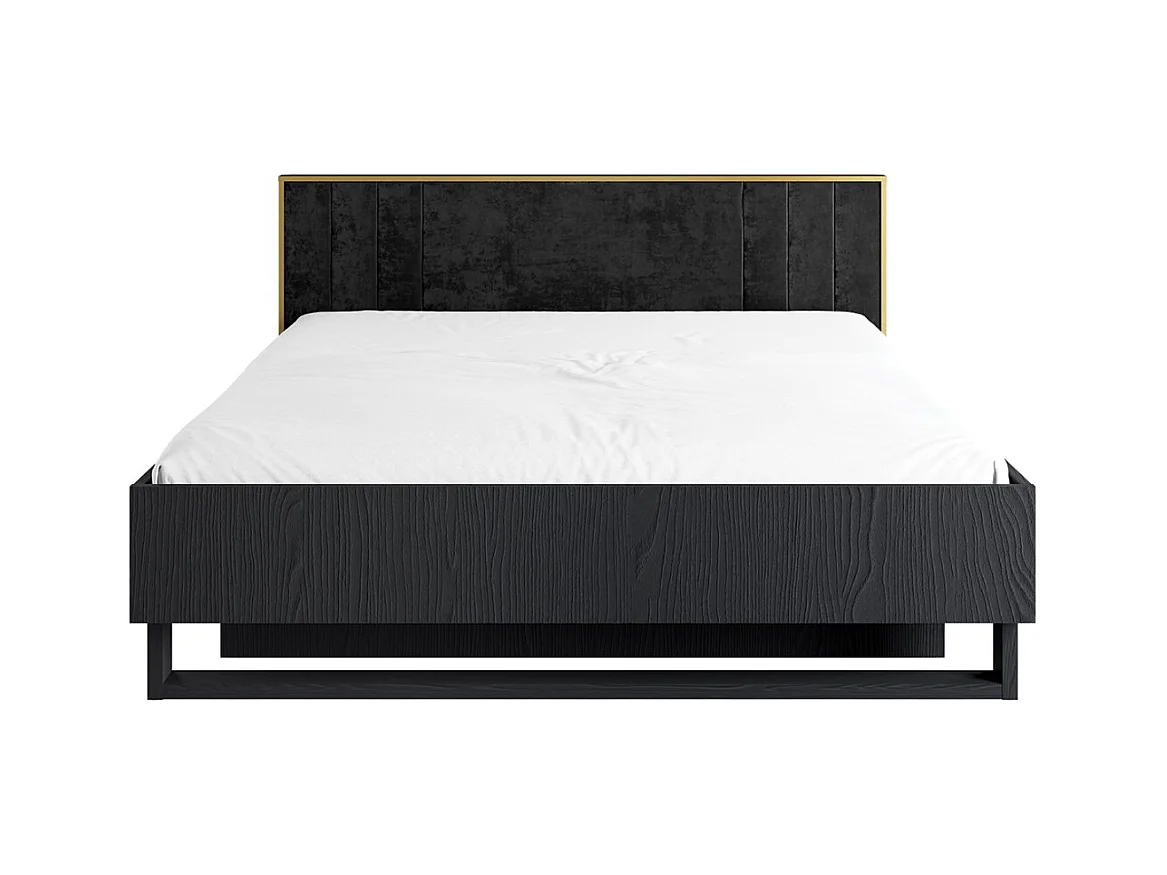 Lit MONDO – 180x200 cm – Noir structuré et doré – Pieds métal – Sommier inclus