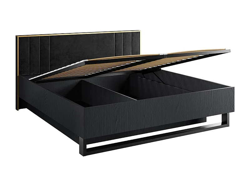 Cama con almacenaje MONDO – 180x200 cm – Negro estructurado y dorado – Patas de metal – Somier incluido