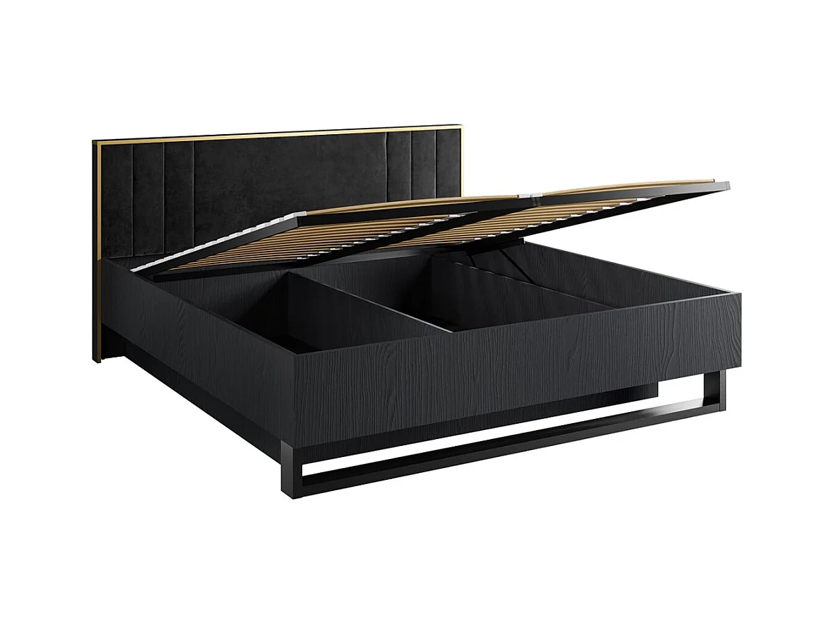 Cama con almacenaje MONDO – 180x200 cm – Negro estructurado y dorado – Patas de metal – Somier incluido