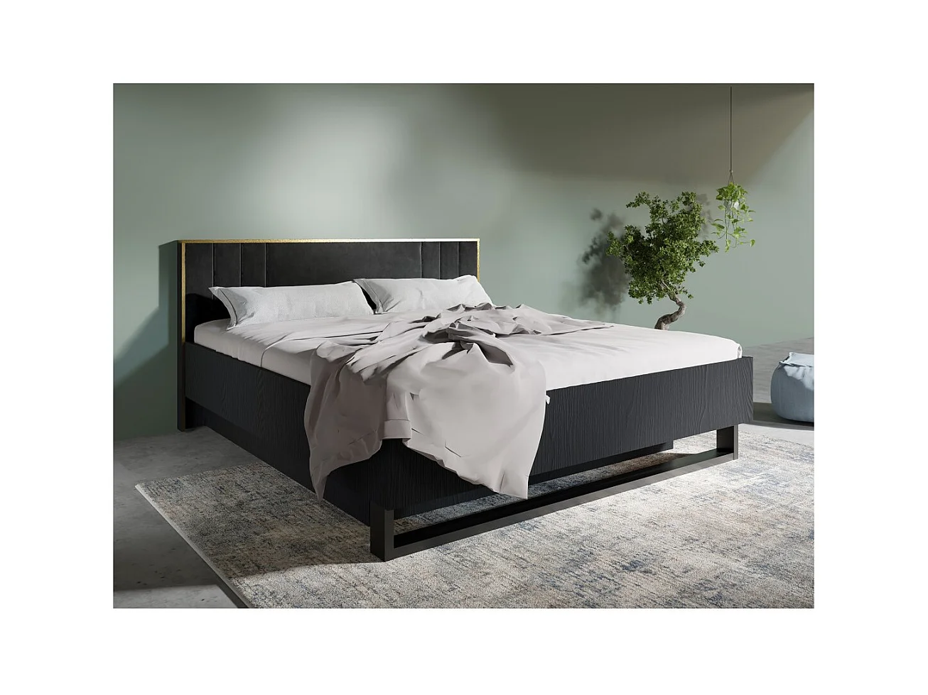 Cama con almacenaje MONDO – 180x200 cm – Negro estructurado y dorado – Patas de metal – Somier incluido