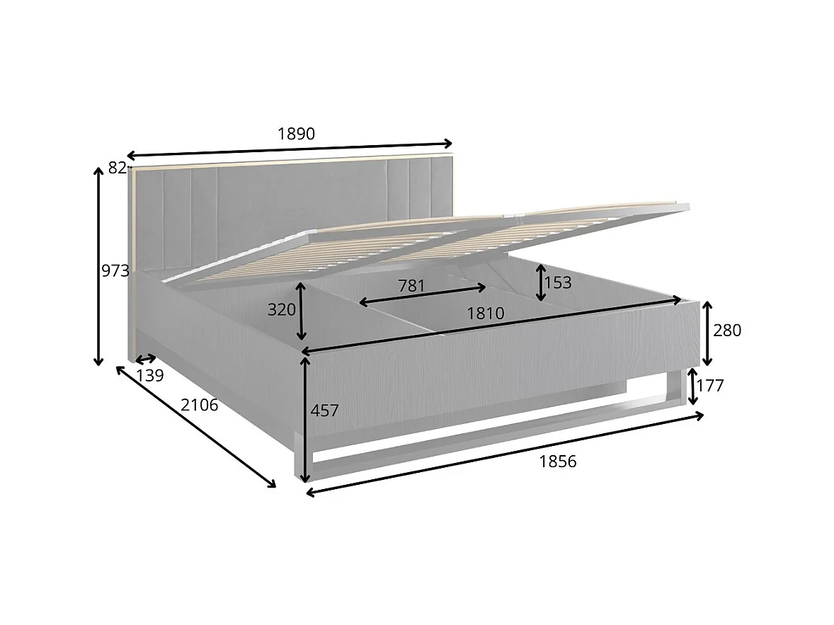 Cama con almacenaje MONDO – 180x200 cm – Negro estructurado y dorado – Patas de metal – Somier incluido