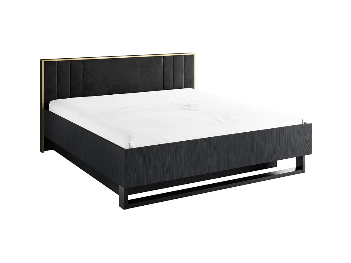 Cama con almacenaje MONDO – 180x200 cm – Negro estructurado y dorado – Patas de metal – Somier incluido