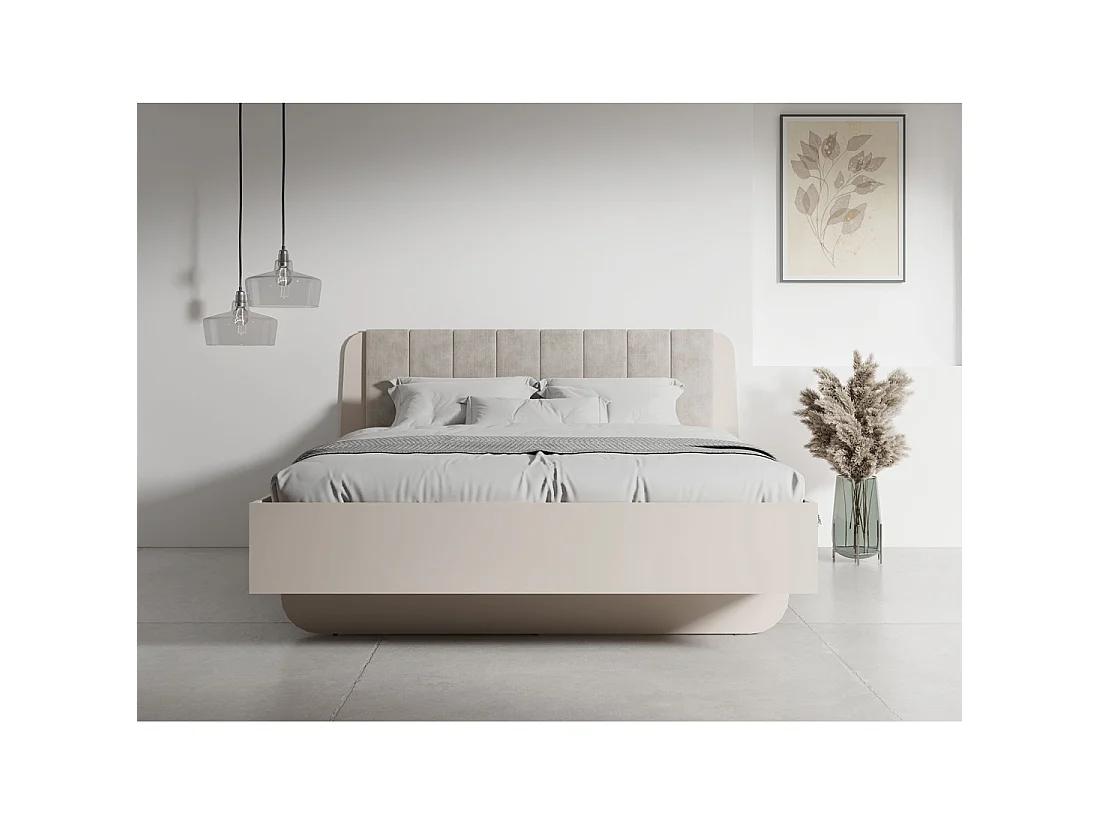 Lit 2 places AMALIE 180x200 cm – Tête tapissée tissu beige – Design doux et angles arrondis - Sommier non inclus
