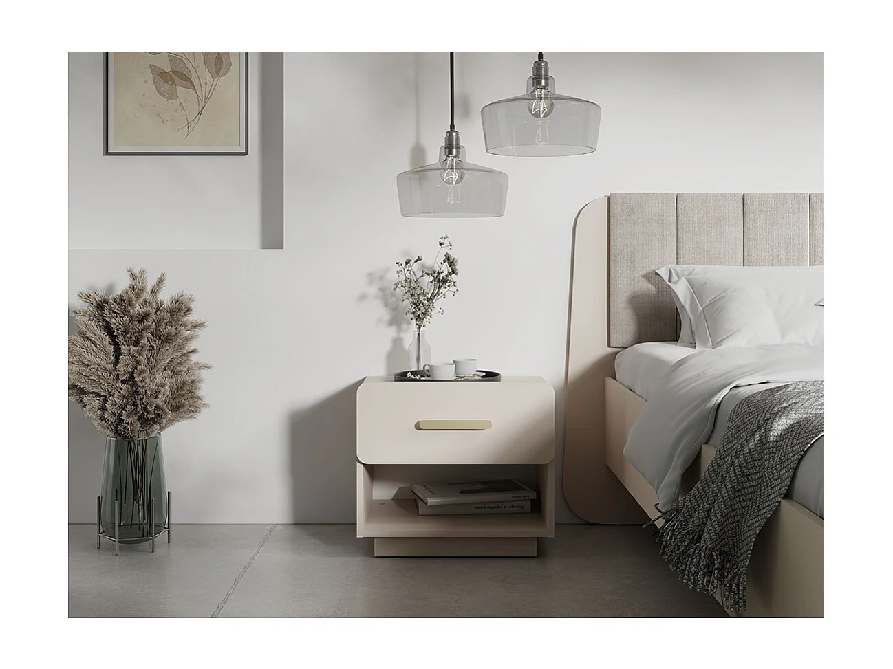 Set von 2 Nachttischen AMALIE – 2 Schubladen – Farbe Beige – Goldene Griffe – Rundes Design