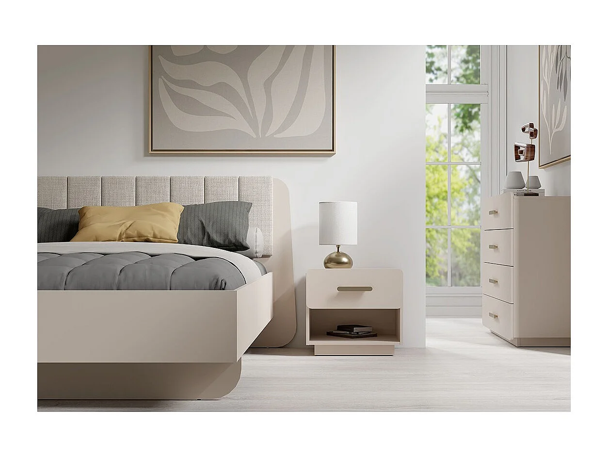 Set von 2 Nachttischen AMALIE – 2 Schubladen – Farbe Beige – Goldene Griffe – Rundes Design