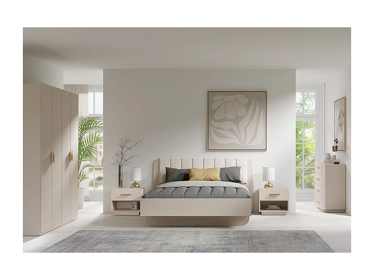 Set von 2 Nachttischen AMALIE – 2 Schubladen – Farbe Beige – Goldene Griffe – Rundes Design