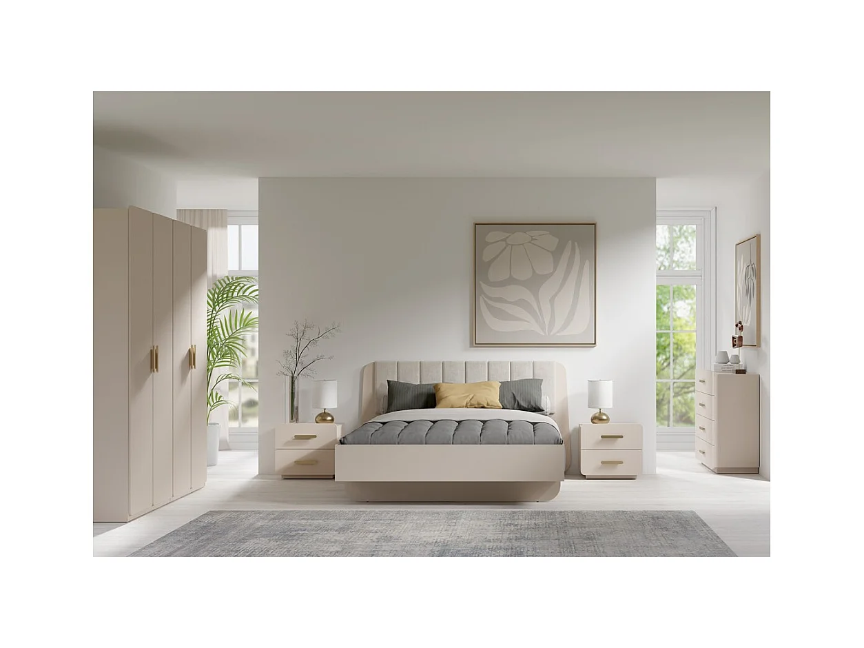 Cama con canapé AMALIE 180x200 cm – Cabecero tapizado en tela beige – Somier incluido – Colchón no incluido
