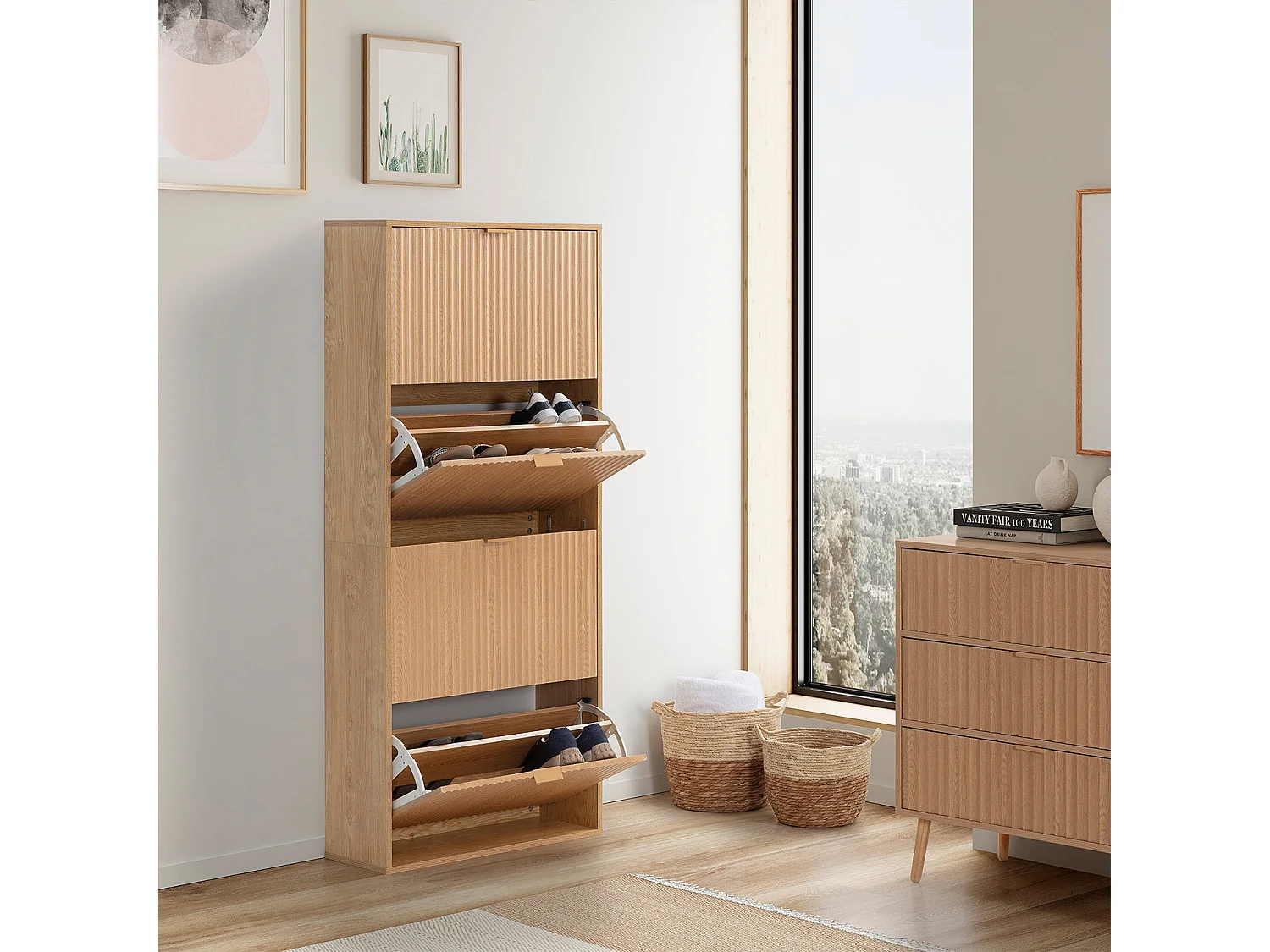 Meuble à chaussures Lluvia 4 portes couleur chêne, pour 24 paires