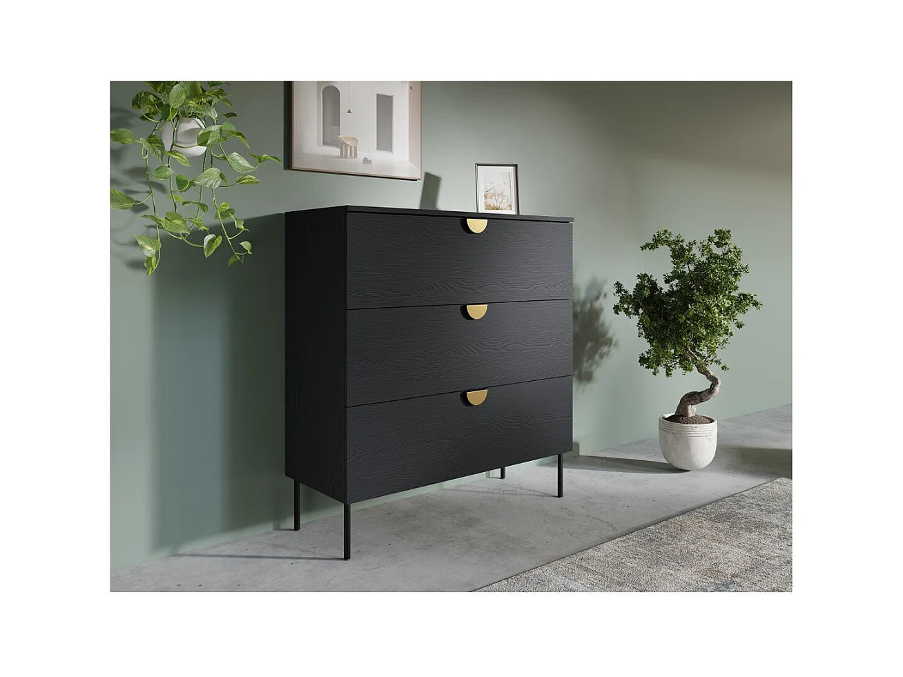 Cómoda MONDO – Negro estructurado y dorado – 3 cajones – Patas de metal – Diseño moderno y funcional