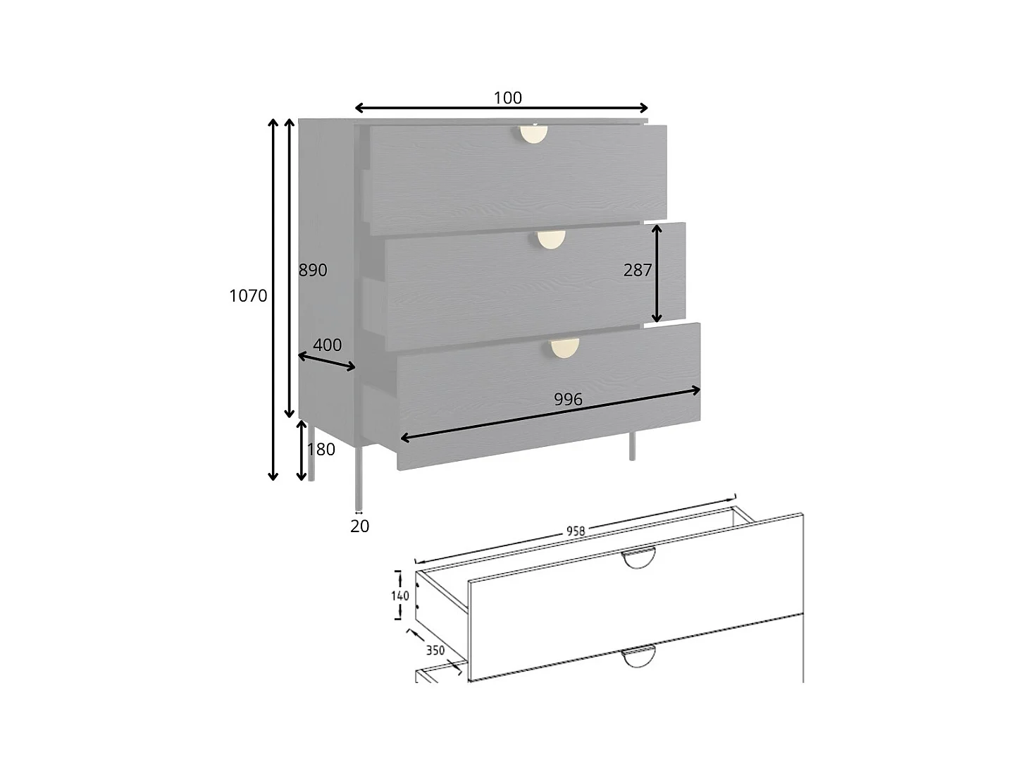 Cómoda MONDO – Negro estructurado y dorado – 3 cajones – Patas de metal – Diseño moderno y funcional