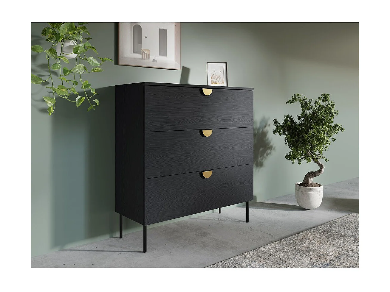 Cómoda MONDO – Negro estructurado y dorado – 3 cajones – Patas de metal – Diseño moderno y funcional