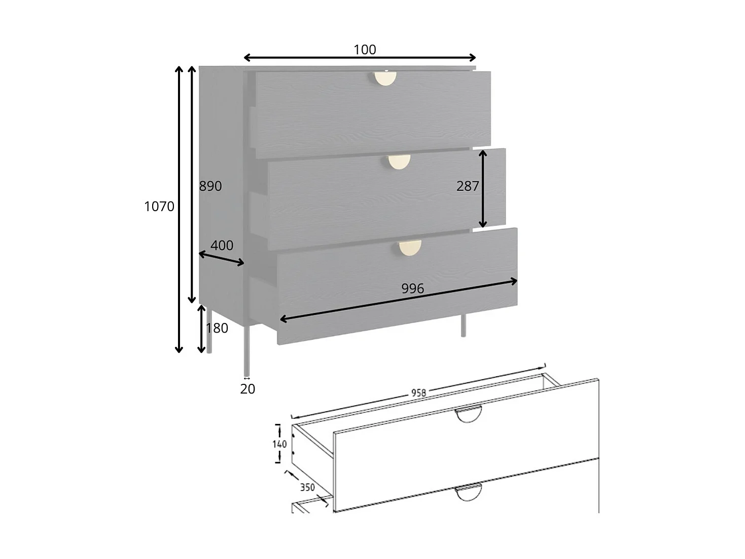 Cómoda MONDO – Negro estructurado y dorado – 3 cajones – Patas de metal – Diseño moderno y funcional