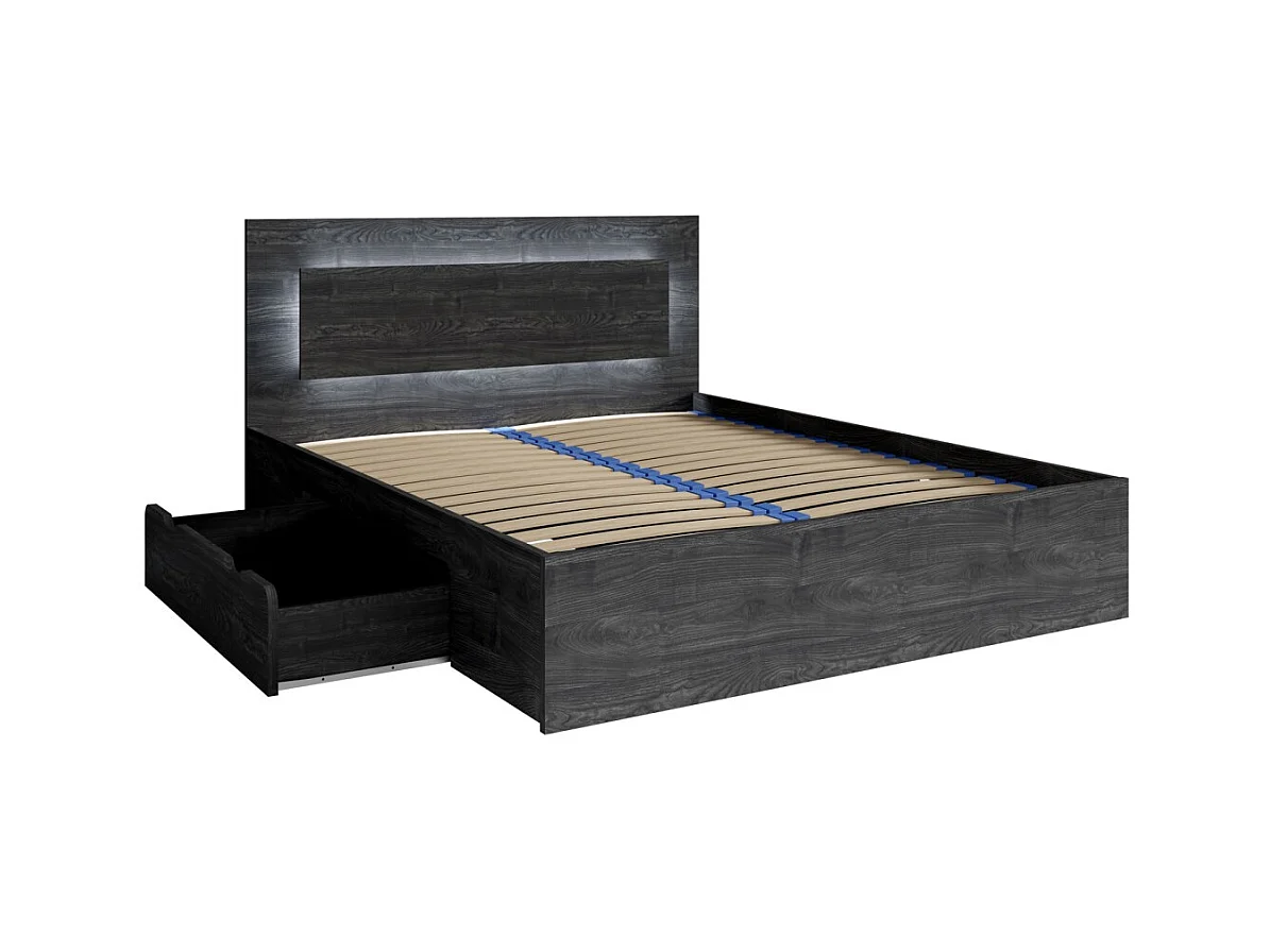 Conjunto de cama VELTIS 160x200 cm con somier incluido – Cabecero con LED – Fresno negro – Colchón no incluido