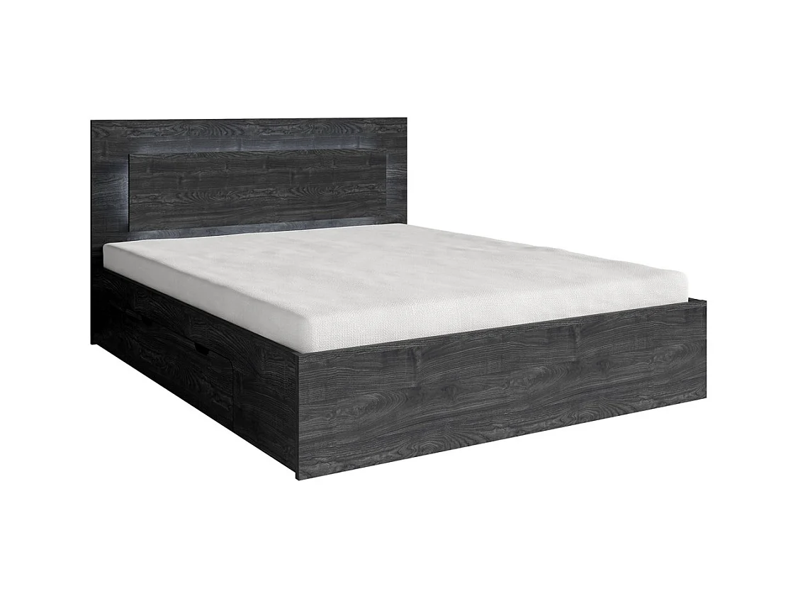 Conjunto de cama VELTIS 160x200 cm con somier incluido – Cabecero con LED – Fresno negro – Colchón no incluido