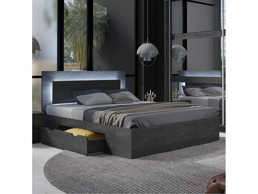 Conjunto de cama VELTIS 160x200 cm com estrado incluído – Cabeceira com LED – Freixo preto – Colchão não incluído