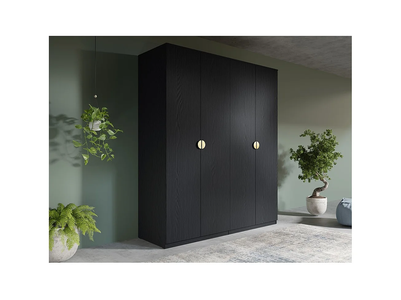 Armario 4 puertas negro estructurado y dorado – 2 roperos + 4 estantes – Colección MONDO