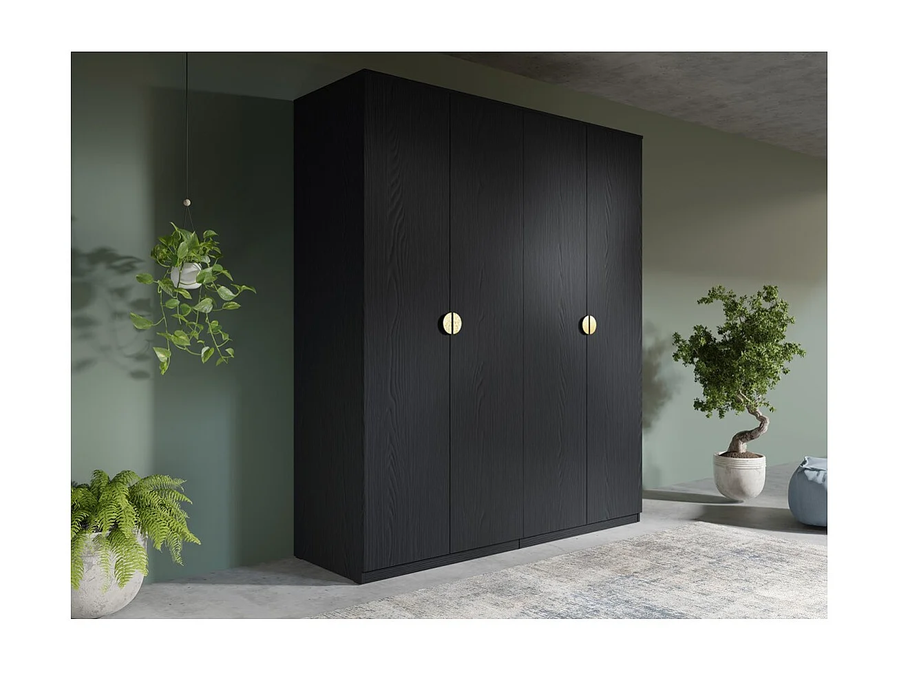 Armario 4 puertas negro estructurado y dorado – 2 roperos + 4 estantes – Colección MONDO