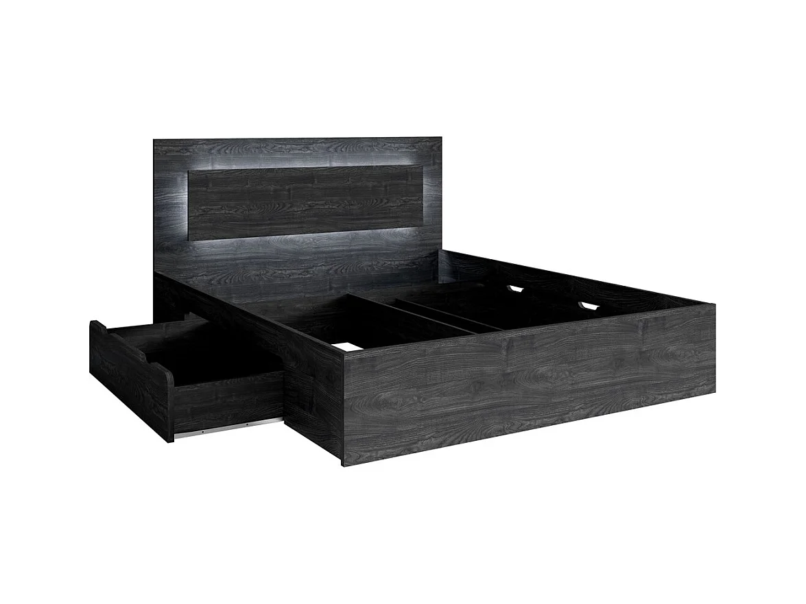 Cama VELTIS 180x200 cm con cabecero LED - Color fresno negro - Somier y colchón no incluidos