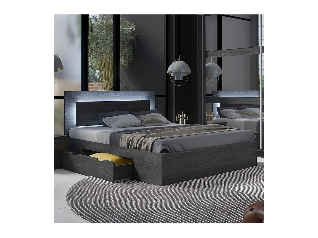 Cama VELTIS 180x200 cm con cabecero LED - Color fresno negro - Somier y colchón no incluidos