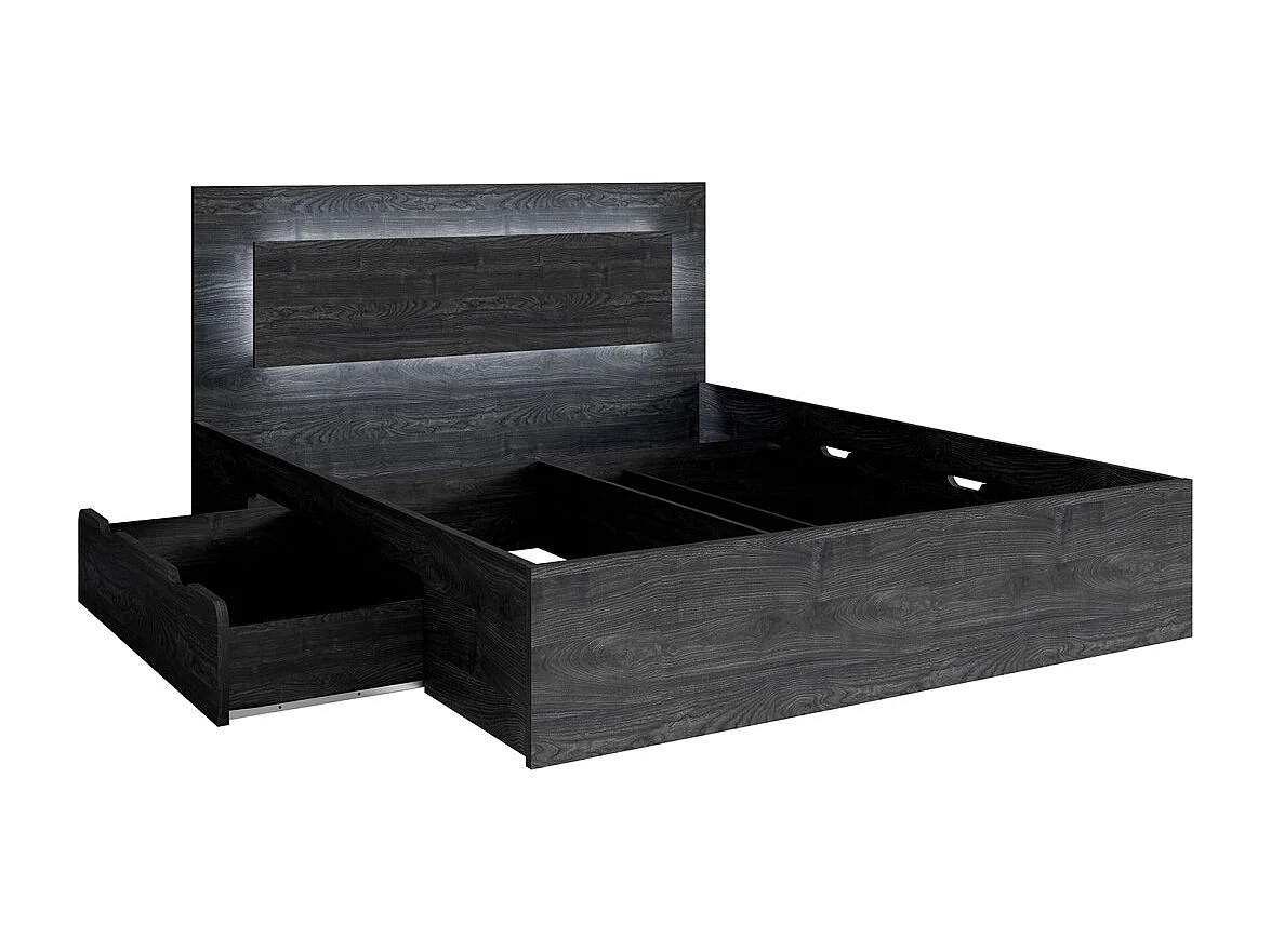 Cama VELTIS 180x200 cm con cabecero LED - Color fresno negro - Somier y colchón no incluidos