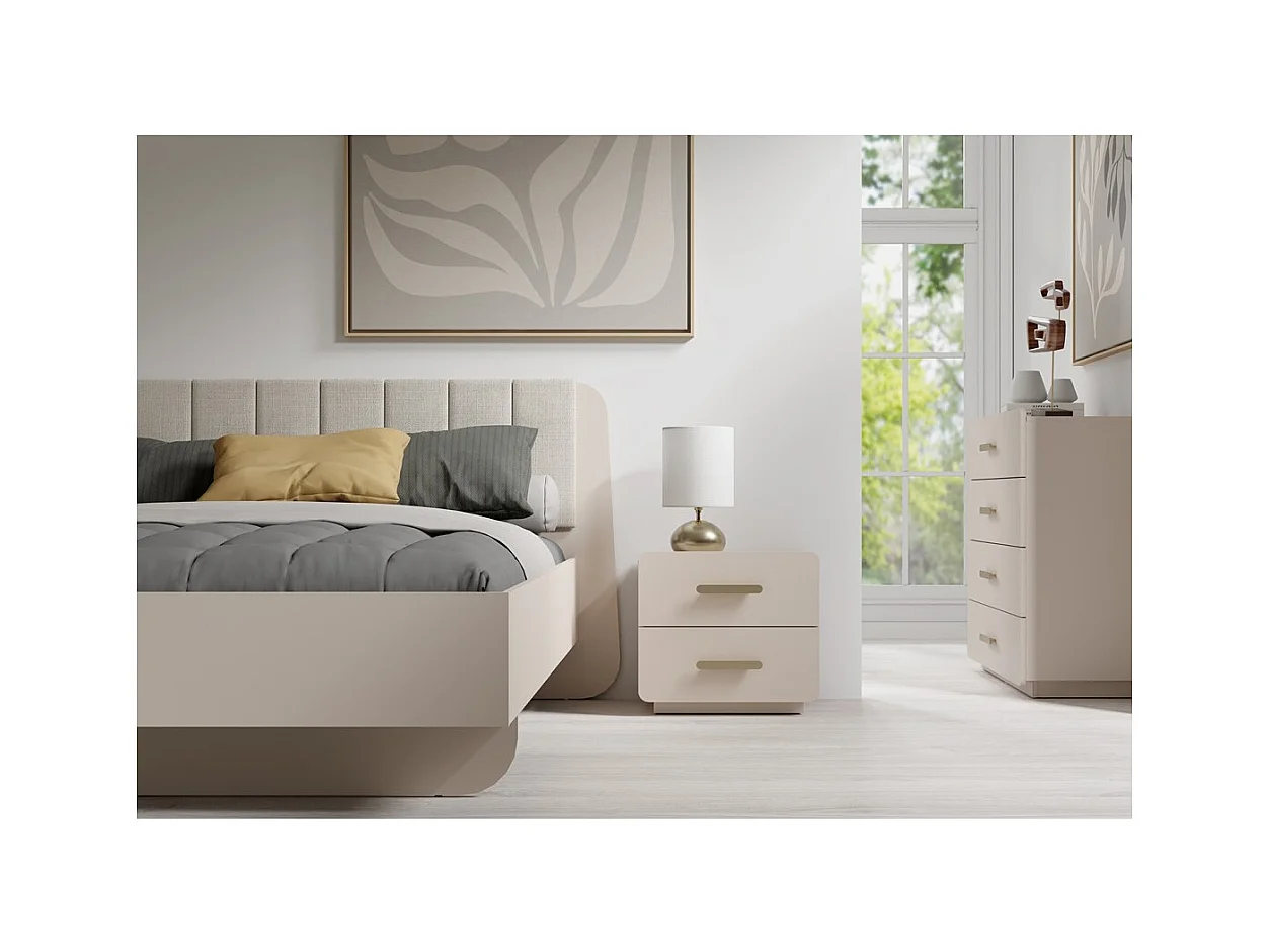 Lit coffre AMALIE 160x200 cm – Cabeceira estofada tecido bege – Estrado incluído – Colchão não incluído