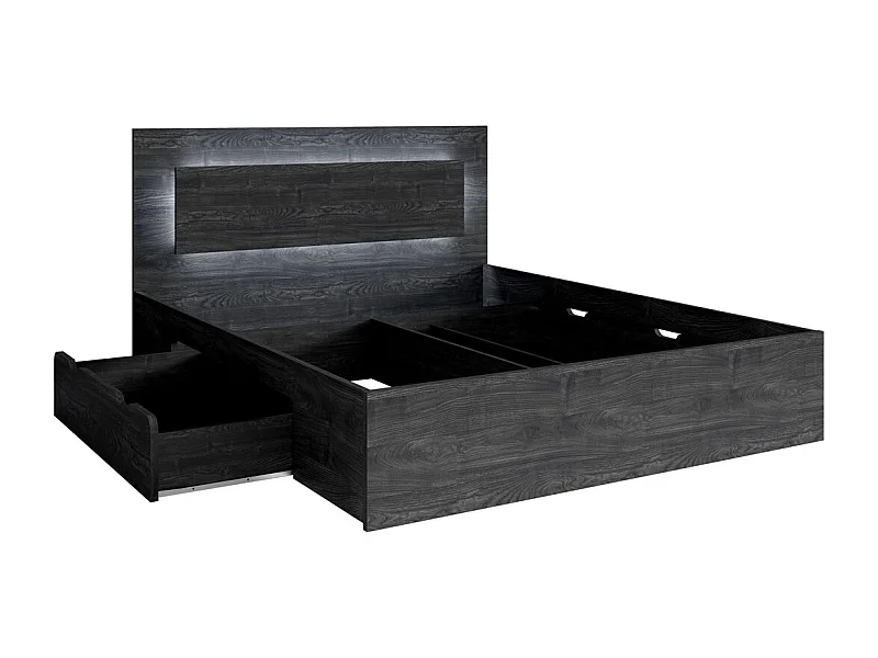 Lit VELTIS 160x200 cm avec tête de lit LED – Coloris frêne noir – Structure moderne sans sommier