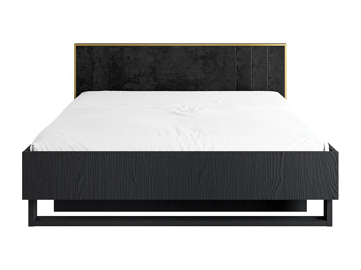 Cama MONDO – 160x200 cm – Preto estruturado e dourado – Pés de metal – Estrado incluído