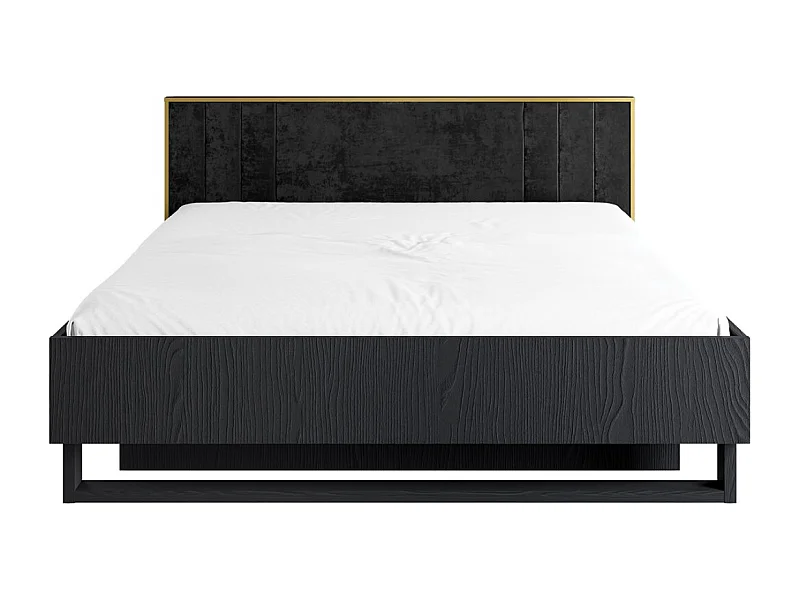 Cama MONDO – 160x200 cm – Negro estructurado y dorado – Patas de metal – Somier incluido