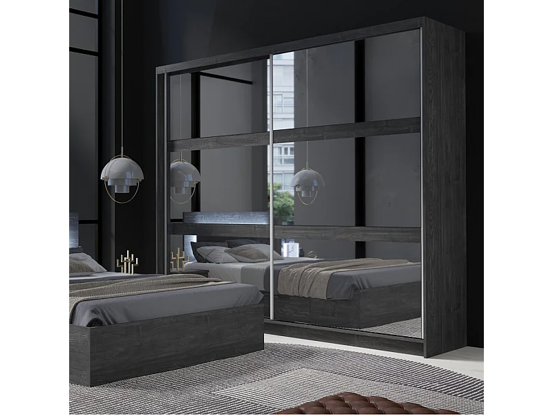 Armoire VELTIS 2 portes coulissantes avec miroir – L230 x H215 cm – Coloris frêne noir