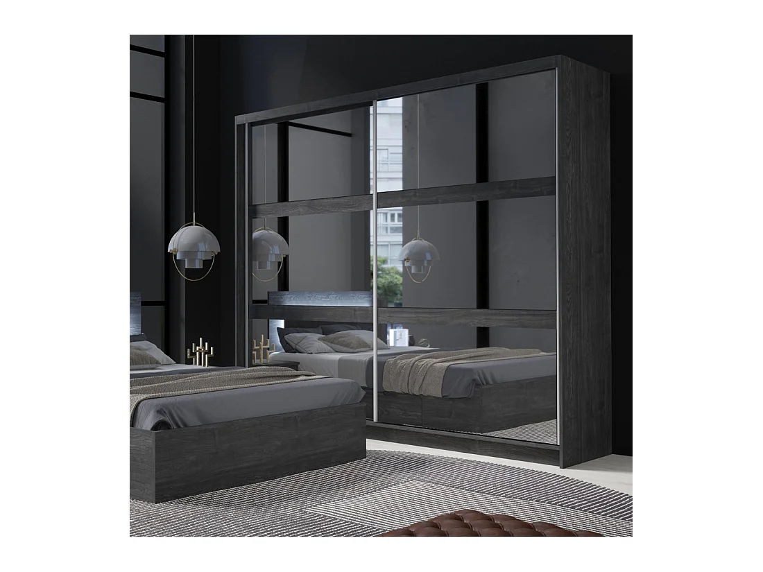 Armário VELTIS 2 portas de correr com espelho – L230 x H215 cm – Cor freixo preto