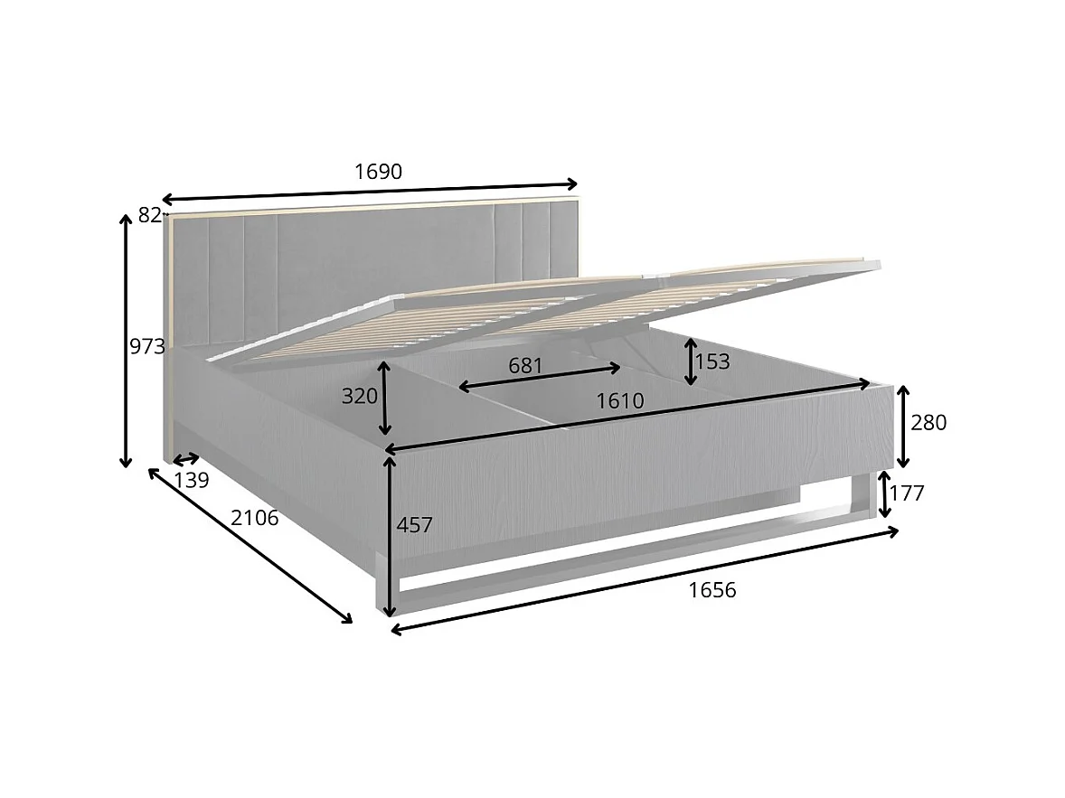 Cama con canapé MONDO – 160x200 cm – Negro estructurado y dorado – Patas de metal – Somier incluido
