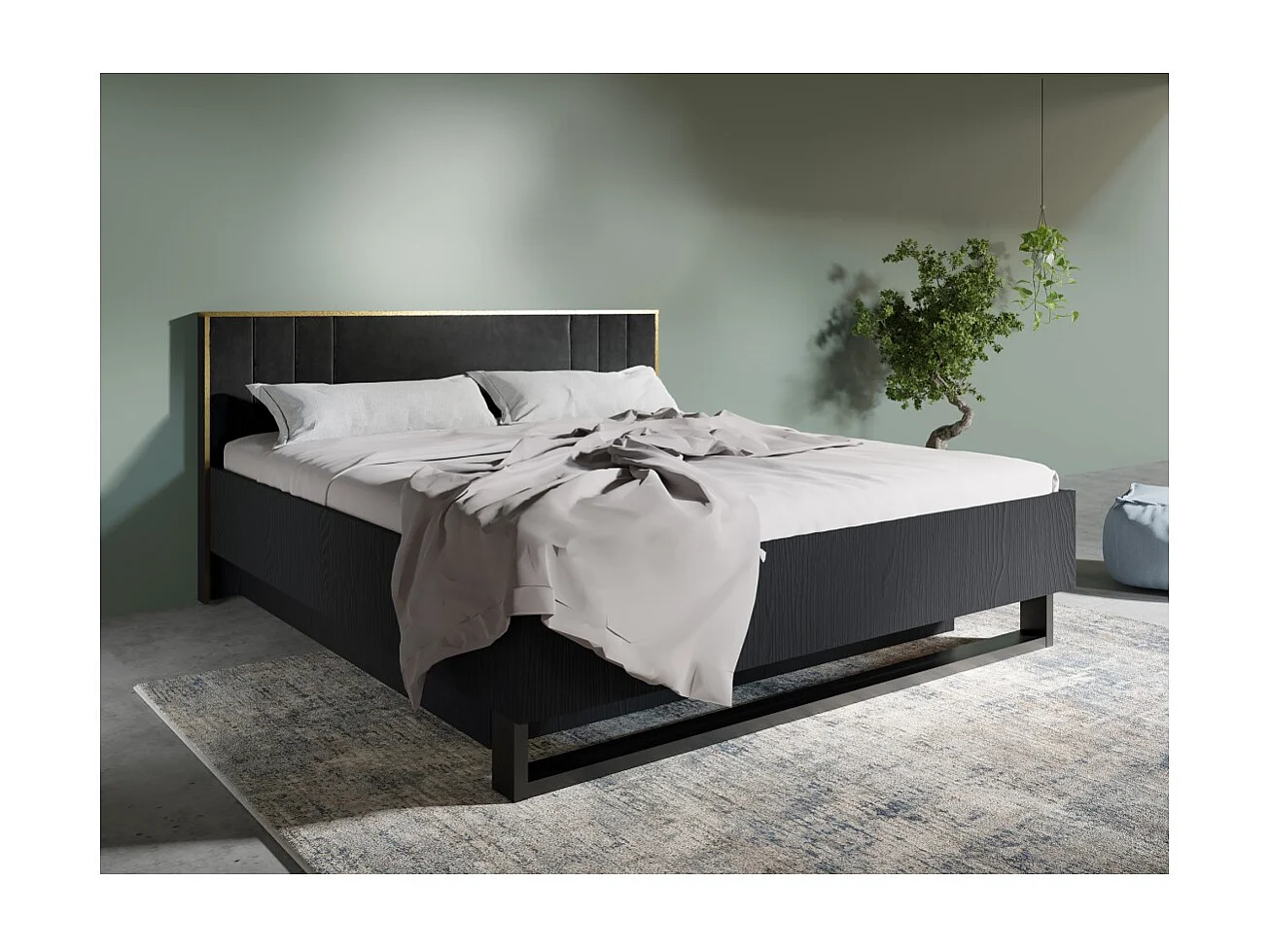 Cama con canapé MONDO – 160x200 cm – Negro estructurado y dorado – Patas de metal – Somier incluido