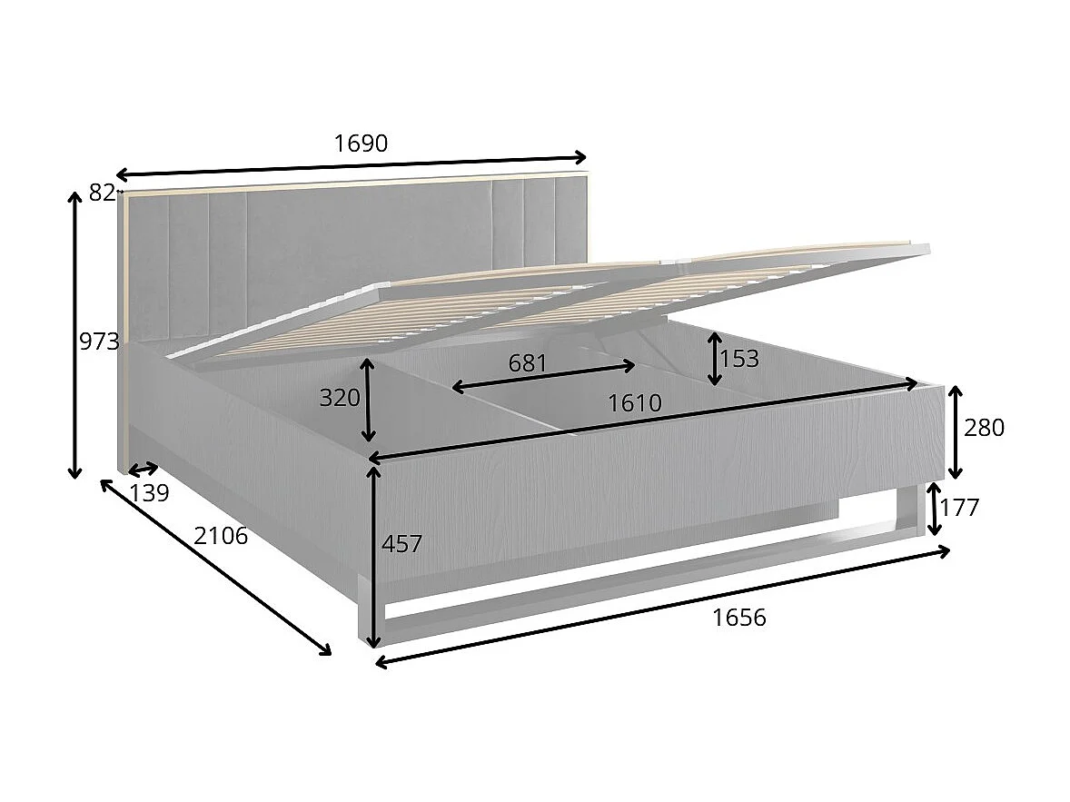 Cama con canapé MONDO – 160x200 cm – Negro estructurado y dorado – Patas de metal – Somier incluido