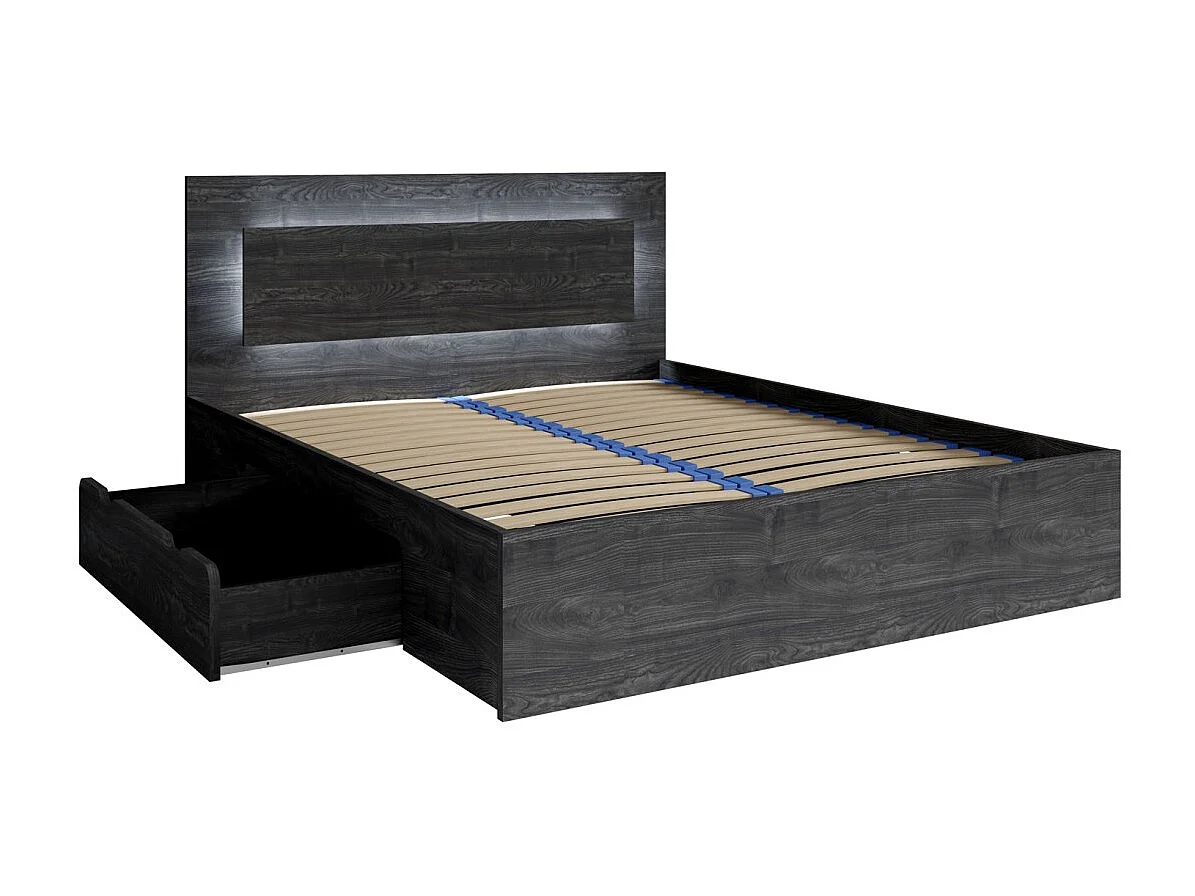 Conjunto de cama VELTIS 180x200 cm com estrado incluído – Cabeceira com LED – Freixo preto – Colchão não incluído