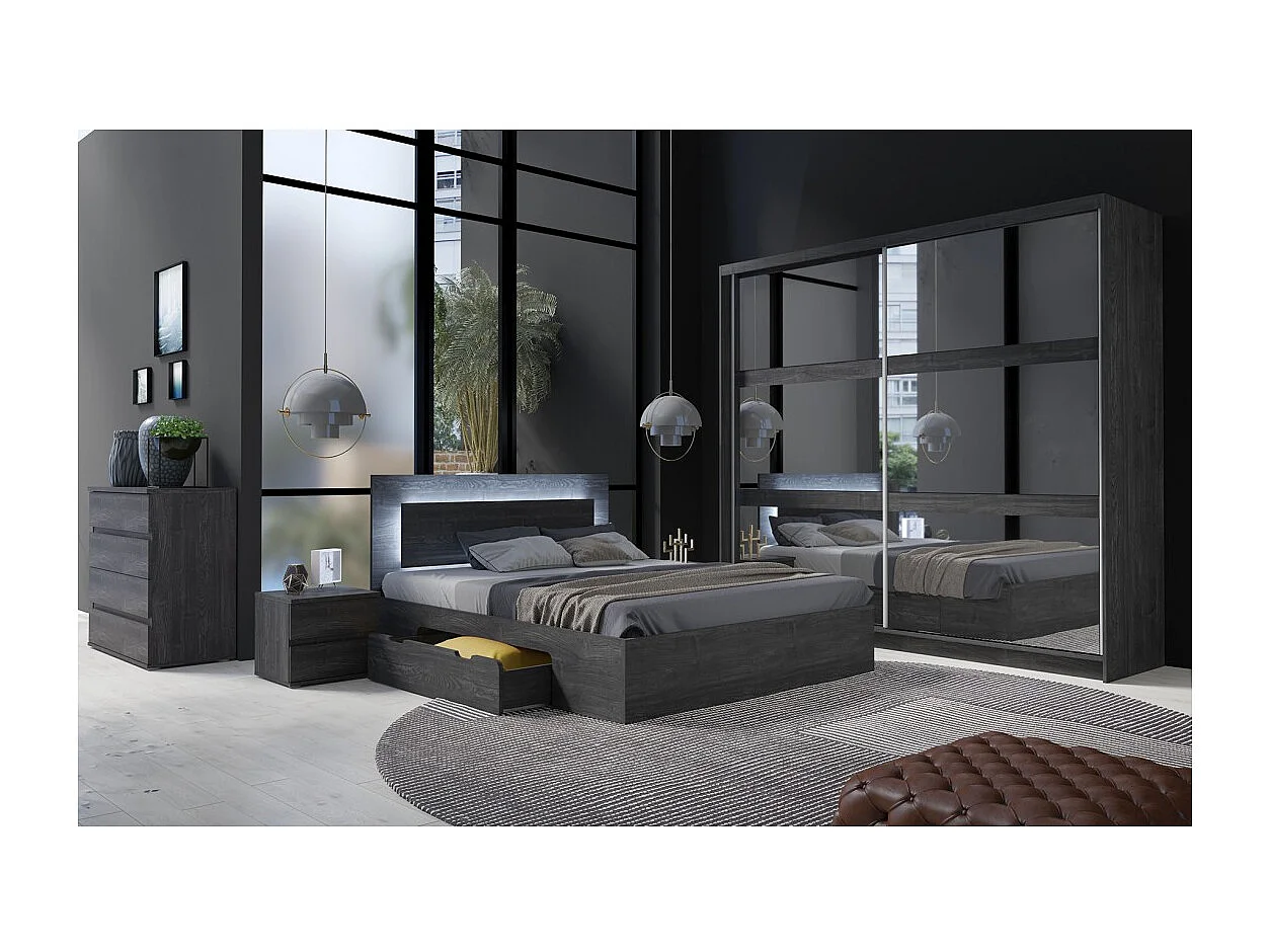 Conjunto de cama VELTIS 180x200 cm com estrado incluído – Cabeceira com LED – Freixo preto – Colchão não incluído