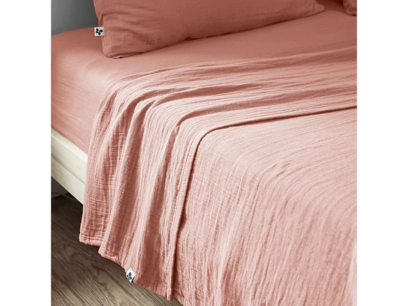 Drap plat 240x300 gaze de coton rose pêche Terre de Nuit