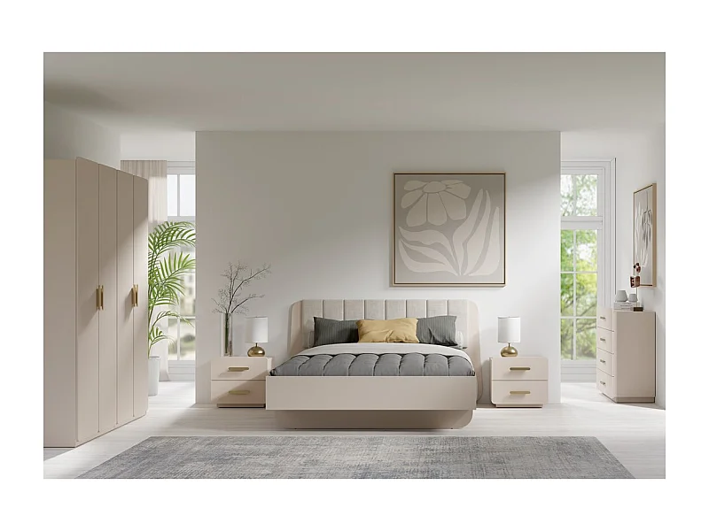 Habitación completa AMALIE beige – Cama con canapé 180x200 cm, armario, cómoda, 2 mesitas de noche y estanterías
