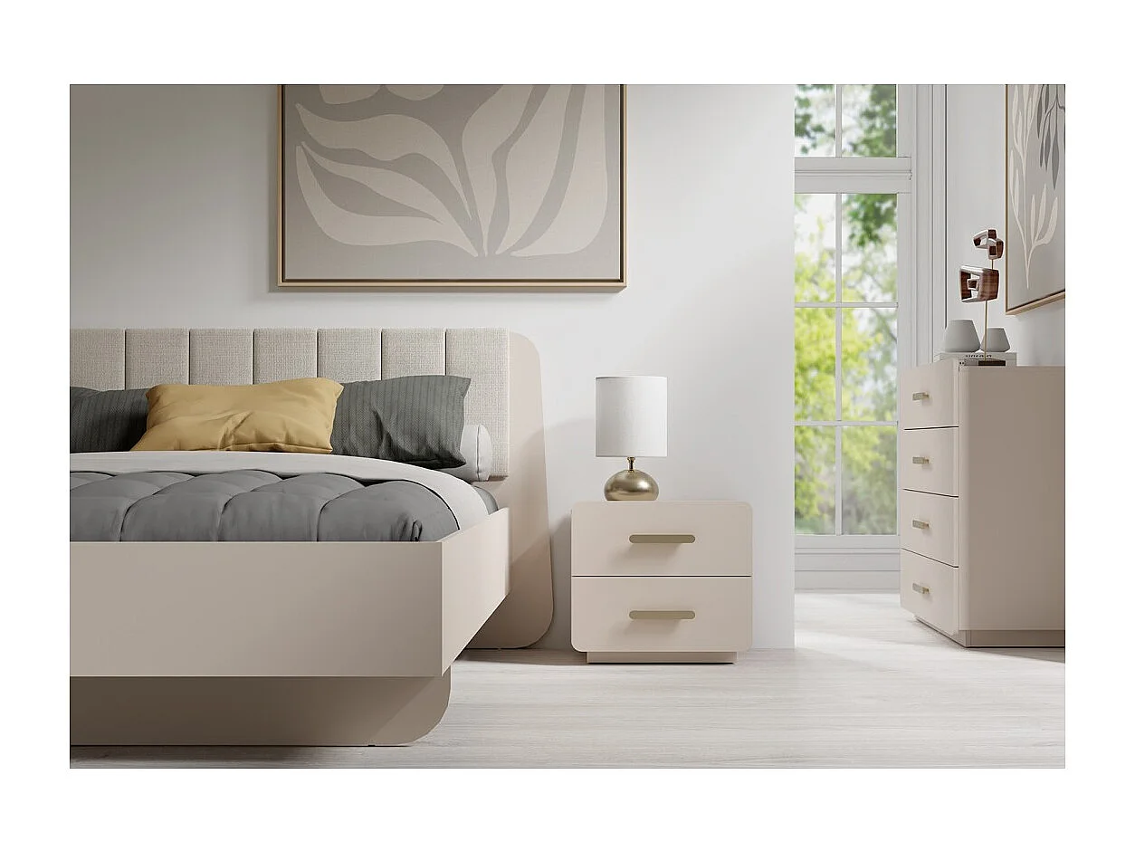Cama 160x200 cm AMALIE – Color arena beige – Cabecero tapizado – Somier no incluido